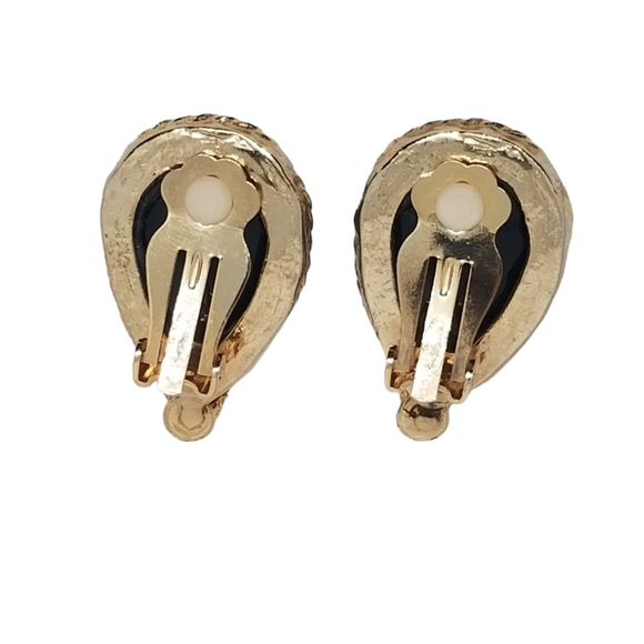 ELLEN DESIGNS VINTAGE 1980s BLACK GLASS & GOLDTONE CLIP ON STATEMENT EARRINGS - Picture 5 of 7